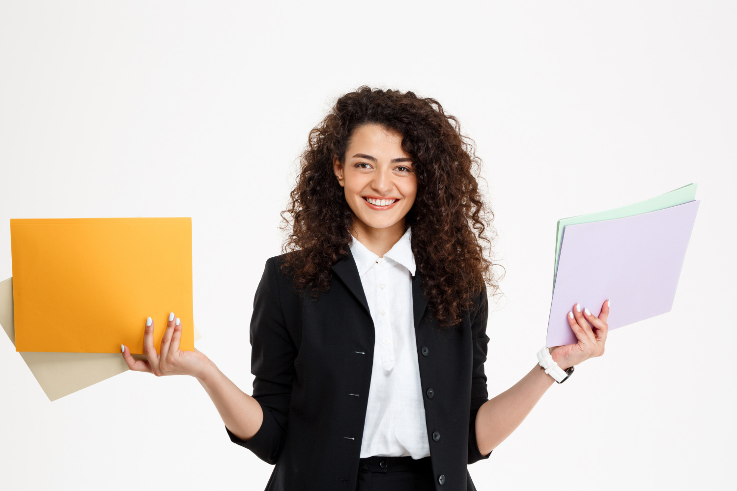 smiling lady holding file and paper