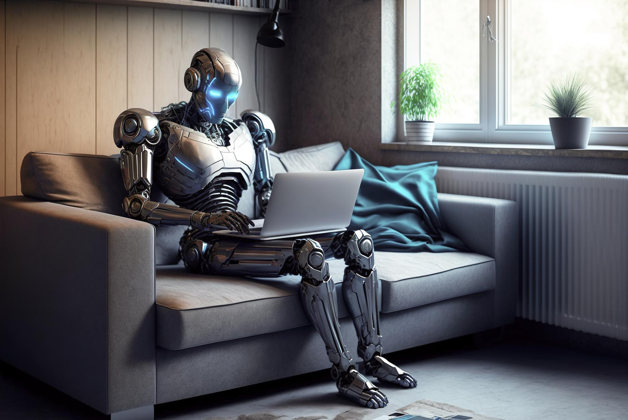 AI robot sitting on couch writing email