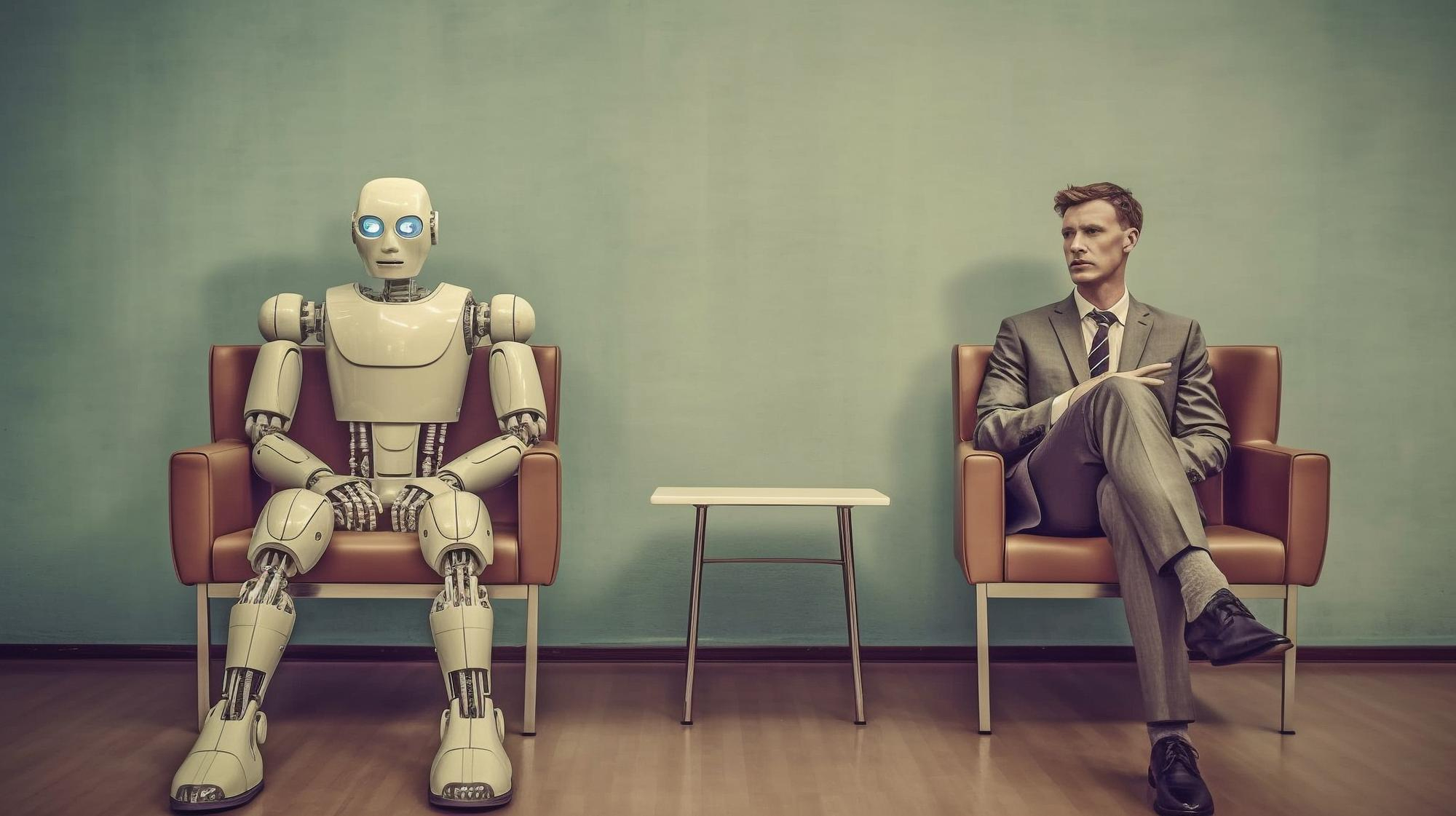 AI robot versus man waiting for an interview